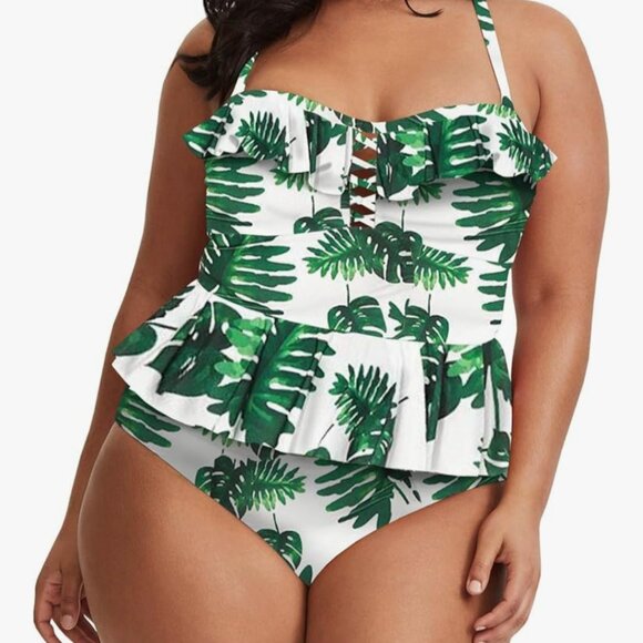 Womens Plus Size Swimwear Peplum Tankini Tops Tummy Control Floral Retro Swimsui - Picture 1 of 1